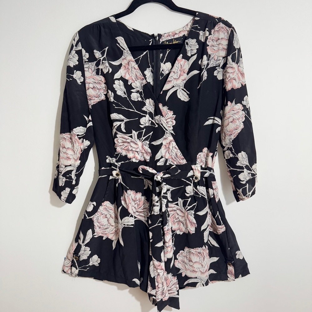 Yumi Kim‎ Black Floral Silk Wrap Romper Medium